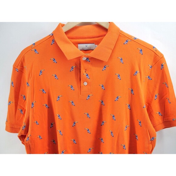 Arturo Calle Tucan Bird Polo Orange Print All‎ Over Shirt Large - Picture 2 of 7